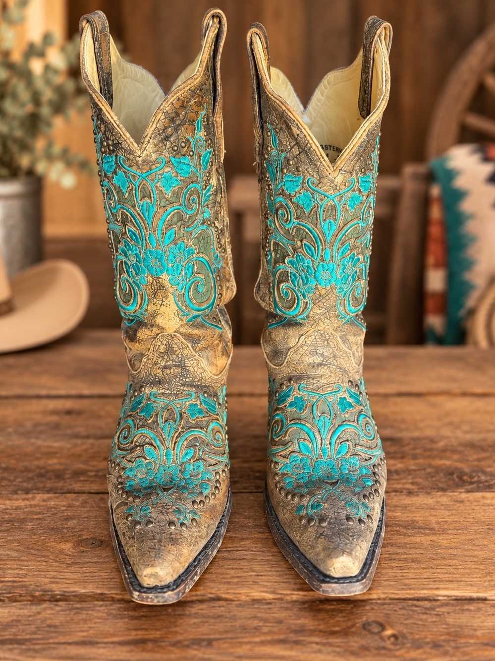 Corral Dark Antique Saddle & Turquoise Floral Inlay Studded Western Boots 6.5